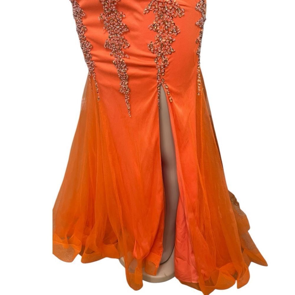 Jovani Vibrant Orange Feather-Trim Beaded Mermaid Gown - Picture 6 of 16
